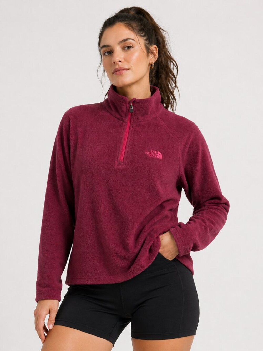 NORTH FACE 1/4 Zip Burgundy Wine Polartec Fleece Pullover Pink Medium